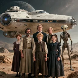 highly detailed, 4194304k film still from a sci fi blockbuster color movie made in 2019, set in 1860, of a family standing in front of a spaceship that has just landed on an alien planet, a humanoid alien creature stands nearby, the family are all wearing 1860s era clothes, good lighting, good photography, highly detailed faces