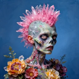 a portrait of a punk rock zombie, pink crystal mohawk, skin made of crystals fruit and flowers, Baroque, Arcimboldo, character design, expressionistic, blue background