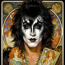 realistic detailed face portrait of Paul Stanley of kiss in full star man make up the Tarot by Alphonse Mucha, Ayami Kojima, Amano, Charlie Bowater, Karol Bak, Greg Hildebrandt, Jean Delville, and Mark Brooks, Art Nouveau, Neo-Gothic, gothic, Tarot card, rich deep moody colors