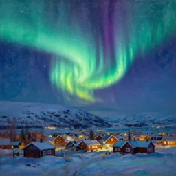 beautiful northern lights over an arctic village, matte painting, trending on artstation, oil on canvas, digital art, in the style of claude monet