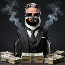 Picture of a penguin wearing a suit with a stack of money, drug lord, hair, godfather, symmetrical, dark environment, smoke, realistic, highly detailed, digital art, trending on artstation,