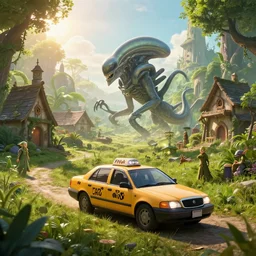 xenomorph taxi car in a fantasy village, calming, uplifting mood, ultra realistic, farm, small buildings, highly detailed, epic lighting, elves, green plants, magic, illuminated, cinematic, morning sun, art by eddie mendoza
