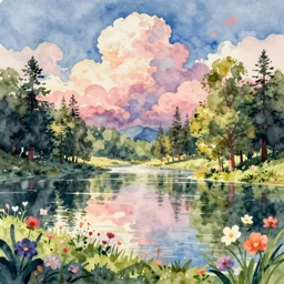beautiful digital watercolor painting of fantasy lake with flowers and trees and candy cloud sky watercolor summer day greg rutkowki artstation