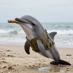 dolphin wearing a bulletproof vest with a cuban cigar in his mouth on a beach in siberia