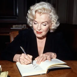 an elderly Marilyn Monroe signing autographs on her biography
