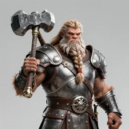 Burly minotaur with a braided beard wearing a brigandine and carrying a massive warhammer on his shoulder, epic artstyle