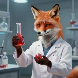 a humanoid fox wearing scientist's clothes holding a red chemical, digital painting, masterpiece, digital art, high quality, highly detailed, concept art, trending on deviantart, high coherence, anatomically correct, five fingers, cinematic, high definition, path traced, laboratory background