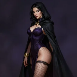 Dark Fantasy portrait, Necromancer, female, gorgeous, beautiful face, dark garments, dark pruple robes, gold bracelet, Black cloak from neck to ankles, E-Cups, fishnets stockings, pin-up, shapely toned derriere, highly detailed, smooth, shrap focus, digital painting, illustration, by by Albert Aublet, Krenz Cushart, WLOP and Sakimichan, artstation