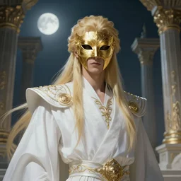 portrait of blonde male as azazel, white clothes, gold mask, in the temple of heaven, moon light, sci - fi and fantasy, intricate and very very beautiful and elegant, highly detailed, digital painting, artstation, concept art, smooth and sharp focus, illustration, art by tian zi and wlop and alphonse mucha