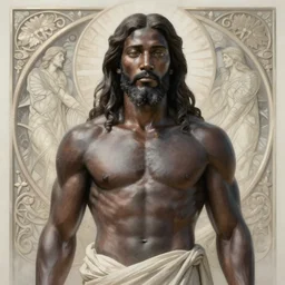 beautiful muscled black jesus, diffuse lighting, fantasy, intricate, elegant, highly detailed, lifelike, digital painting, artstation, illustration, concept art, smooth, sharp focus, frank frazetta, marco bucci, loish, rossdraws, artgerm, alphonse mucha