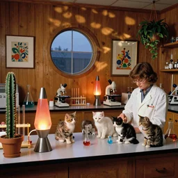 1970s color interior magazine photo of a science lab with glowing lava lamps, with kittens and scientists, wooden walls with framed art, and a potted cactus and some hanging plants, with dappled light coming in through a circular window showing that its dusk outside