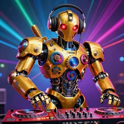 portrait photo of a giant huge golden and blue metal humanoid steampunk robot dj with multicolored big gears and headphones, a red dj mixer, eyes are glowing red lightbulbs, shiny crisp finish, 3 d render, 8 k, insaneley detailed, fluorescent colors, background is multicolored lasershow
