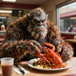 an ogre eating a lobster in a fast food restaurant
