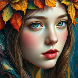 close - up portrait of beautiful girl by irakli nadar with intricate detailed color smashing fluid oil paint and acrylic, autumn leaves headdress, melting wax, mycelia, abstract impressionism, ruan jia, fantasy, hyper detailed, concept art, by gustav klimt and andres barrioquinto,