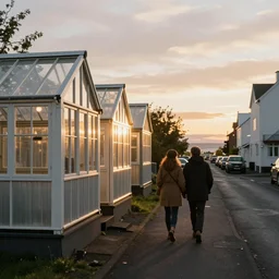 a couple, green house, quiet street, reykjavik, sunset lighting, rim light, hyper realistic, cinematic frame