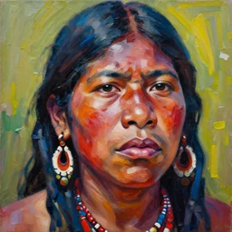 photo of a yanomami indigenous, face, palette knife painting, acrylic paint, dried acrylic paint, dynamic palette knife oil paintings, vibrant palette knife portraits radiate raw emotions, full of expressions, palette knife paintings by francoise nielly
