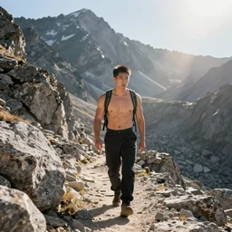 asian man, hiking in rocky mountain, front view, black trousers, barechest, sunrays, intricate, elegant, digital painting, highly detailed, artstation, sharp focus, illustration, ruan jia, aleksi briclot, rutkowski