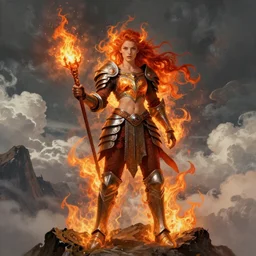 beautiful young princess, fire wizard, with fire red hair, freckles. wearing armor inspired by giger with an exposed midriff, standing on a mountain top with epic clouds and volumetric lighting. intricate illustration and highly detailed digital painting. concept art by artgerm. inspired by alphonse mucha, brom art, and larry elmore.