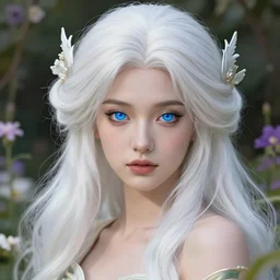 highly detailed illustration beautiful white - haired fairy princess in a flower garden, wonderful blue eyes, deep focus, d & d, fantasy, complex, elegant, highly detailed, digital painting, artstation, concept art, matte, clear focus, illustration, hearthstone, art by artgerm and greg rutkowski and alphonse mucha