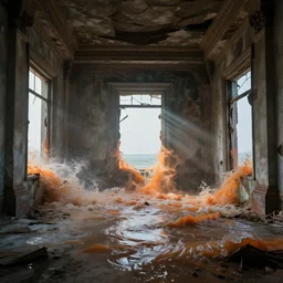 turbulent topaz sea, flooding through broken windows into a spacious, abandoned temple, by dorothea tanning, dramatic, full - hd, crepuscular rays, moody, photo realistic, - c 1 1