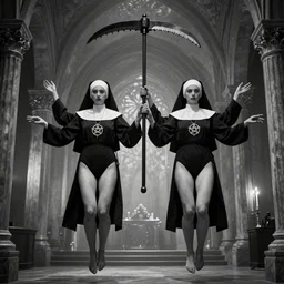 black and white, award winning photo, levitating twin nuns each having 6 arms, wearing swimsuit, pentgram necklace, a guillotine is depicted, the nuns have Very long arms, in a sanctuary, eerie, frightening —width 1024 —height 1024