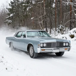 a 1 9 6 2 lincoln continental, racing through a rally stage in a snowy forest