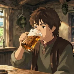 Frodo drinking a pint from a wooden mug at the Prancing Pony Inn, illustrated by Makoto Shinkai, manga art