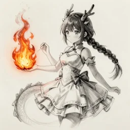 Sketch of an anime dragon girl wearing a dress, playing with fire, deviantart, trending on artstation, high quality