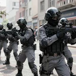 Mercenary Special Forces soldiers in grey uniforms with black armored vest and black helmets in urban warfare in Syria 2022, Canon EOS R3, f/1.4, ISO 200, 1/160s, 8K, RAW, unedited, symmetrical balance, in-frame, combat photography