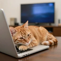 a cat lying on top of a macbook. cat with orange fur. cute. background blur with the view to an off tv.