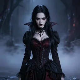 photorealistic full shot portrait of kawai angry darkness vampire anime girl, gothic clothing, worrying eyes, inspired by Tim Burton, detailed, unreal engine 4k volumetric light, fog,