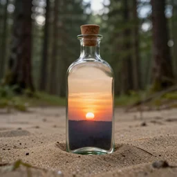 a forest with a sunset in a bottle, on the sand, realistic photo, professional photo, lighting, well detailed, 8k n- 3