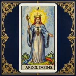 beautiful tarot card of the queen of dreams by carol bak and jacek yerka, oil on canvas, intricate border, symmetrical, 8k highly professionally detailed, HDR, CGsociety