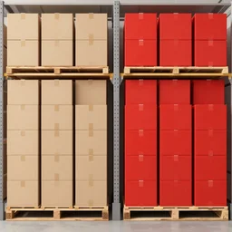 two frames of equal size, the first a warehouse full of boxes, the second is exactly the same picture except the boxes are red