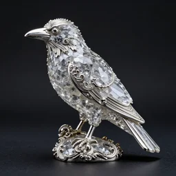 large crystal crow on a dark background, silver accents, baroque style, extreme details