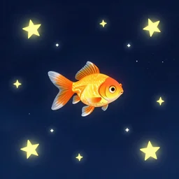 a small goldfish in space with many stars in the background. concept art by petros afshar and victor mosquera, kurzgesagt style. colourful 2 d cartoon, matte background, luminescent, space art, cosmic horror. behance contest winner.