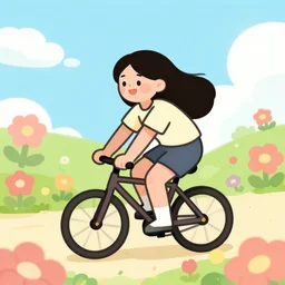 happy cartoon woman cycling through flower universe