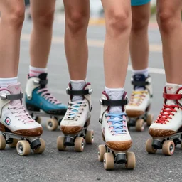 lovely detailed feet of a bikini models rollerblading on the street and having fun, sharp eyes, smile, group portrait, face close - up