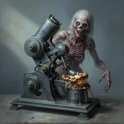 airbrushed awful ischemic terror angled machine by wayne d barlowe, olivia, fine art masterpiece baked at 3 0 0 f, matte painting, narrative lighting, cold lighting, aged with sunlight, award winning horror wraparound, photorealistic render, cinematic