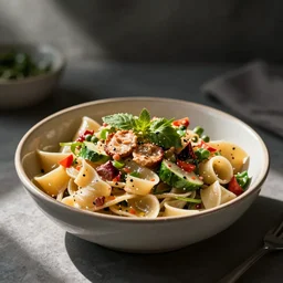 a bunch of random food in a bowl to make some kind of pasta salad