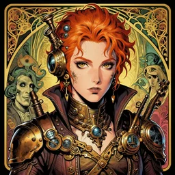 a detailed portrait illustration of a steampunk tech - sorcerer. attractive intersex face, ginger. art nouveau, pop art, comic book style. influenced by neil gaiman, h. p. lovecraft, dan mumford, brian froud, heade, killian eng, ross tran.