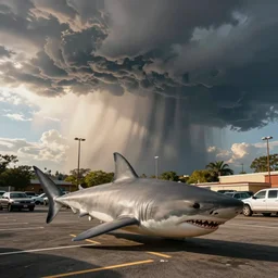 photograph of a sharknado parking lot in sunshine kodachrome style of simon stahlenhag