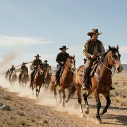A group of bandits riding horseback following a train for a heist, wild west, hyper realistic, super detailed, 4k, HDR