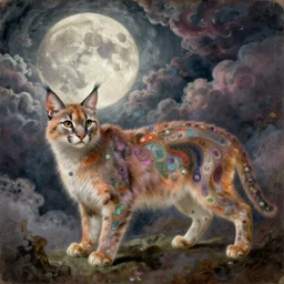 concept art of translucent fluffy caracal, lovecraftian, renaissance, melting, round moon, rich clouds, fighting the horrors of the unknown, very detailed, volumetric light, mist, fine art, decaying, textured oil over canvas, epic fantasy art, very colorful, ornate intricate scales, dreamy aesthetic, highly detailed