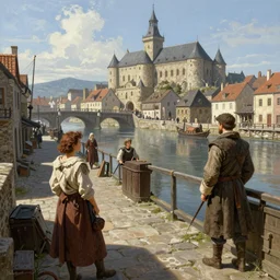 medieval port town docks, bright future, social realism, highly detailed, digital painting, artstation, concept art, matte, sharp focus, illustration, art by artgerm and greg rutkowski and alphonse mucha