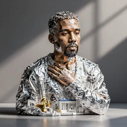 a kanye west scultpure made out of aluminum foil, product display photograph