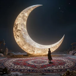 giant crescent in the sky in a magic fluffy persian carpet dimension, by greg rutkowski and gaston bussiere, dim lighting, beautiful volumetric - lighting - style atmosphere, surreal atmosphere, intricate, detailed, photorealistic imagery, trending artstation