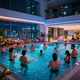 A photo of a pool party filled with people in a modern indoors pool with cyberpunk illumination at night .