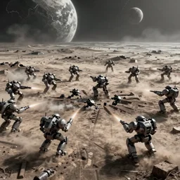 ariel view, wide angle view, war mechs fighting, mech battlefield battling, wartorn, desolate gloomy planet, science fiction, by andree wallin
