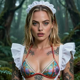 Margot robbie as a beautiful tattooed female maid wearing a magical bikini in a magical forest, highly detailed and realistic face, rain drops on face, beautiful detailed eyes with a piercing gaze, fantasy art, in the style of artgerm, illustration, epic, fantasy, intricate, hyper detailed, artstation, concept art, smooth, sharp focus, ray tracing, vibrant, photorealistic